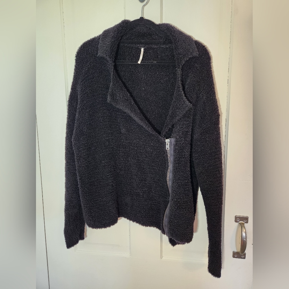 Free People Black Wool Blend Teddy Sherpa Fleece Moto Jacket Size XS